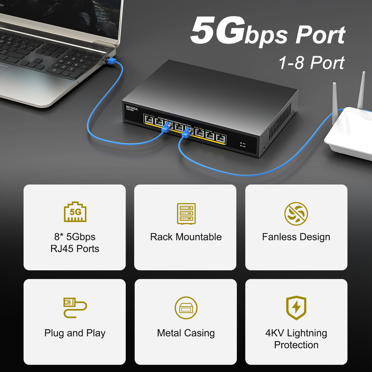NICGIGA 8-Port 5Gb Base-T Switch | Unmanaged Multi-Gig Ethernet for NAS/WiFi 7 | Desktop & 19-inch Rack Mount