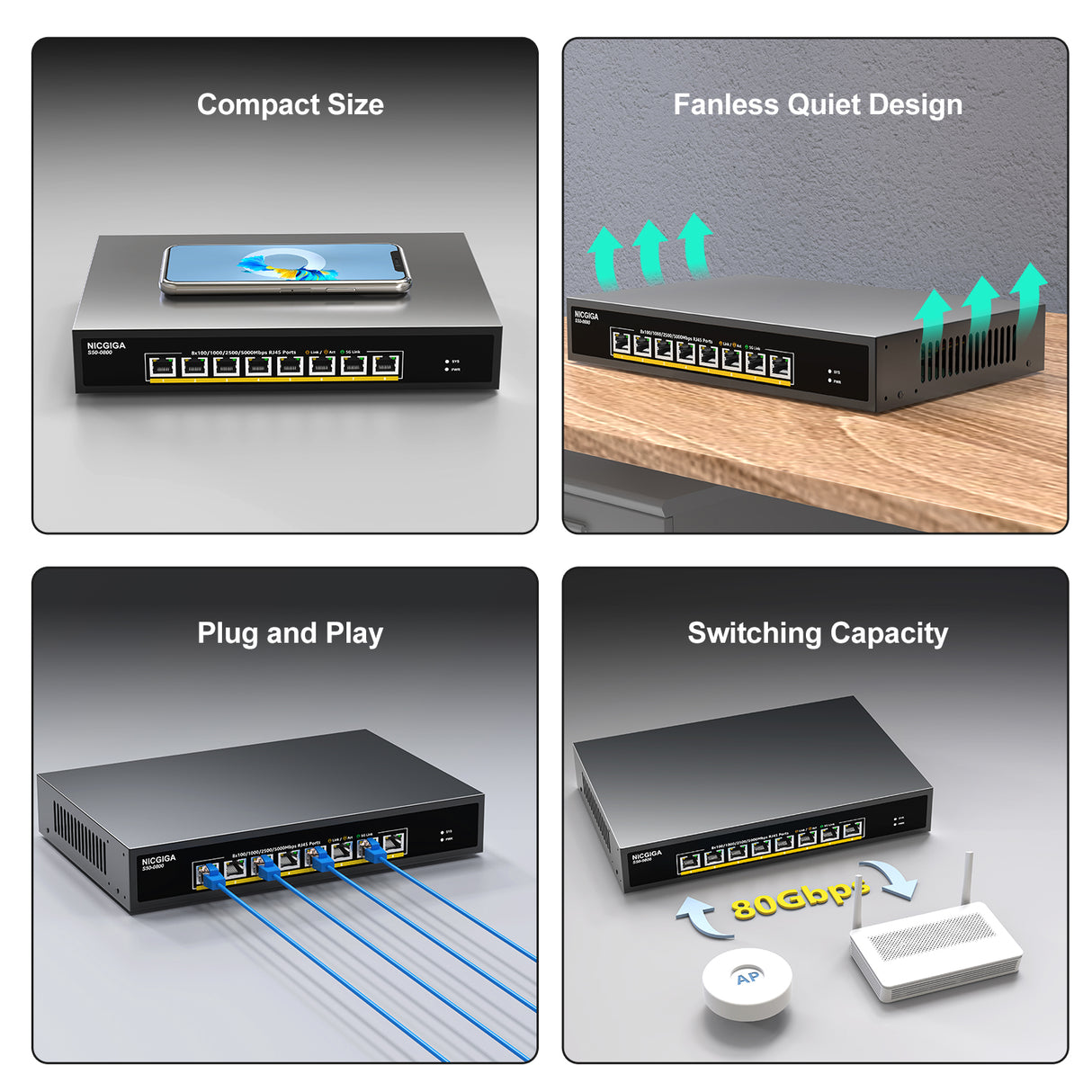 NICGIGA 8-Port 5Gb Base-T Switch | Unmanaged Multi-Gig Ethernet for NAS/WiFi 7 | Desktop & 19-inch Rack Mount