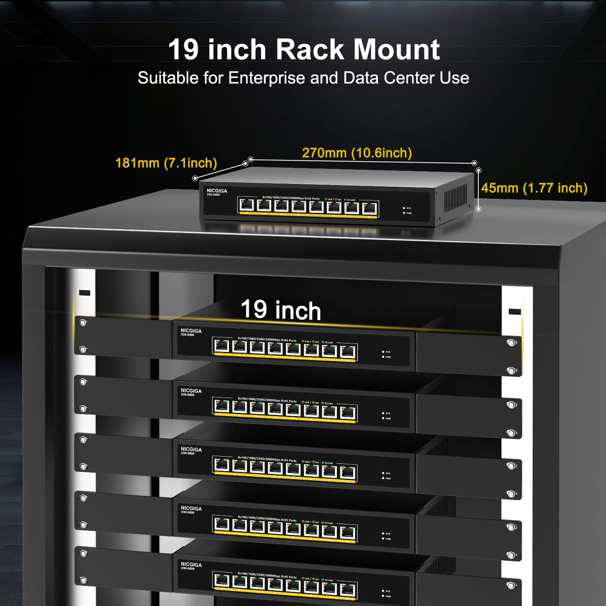 NICGIGA 8-Port 5Gb Base-T Switch | Unmanaged Multi-Gig Ethernet for NAS/WiFi 7 | Desktop & 19-inch Rack Mount