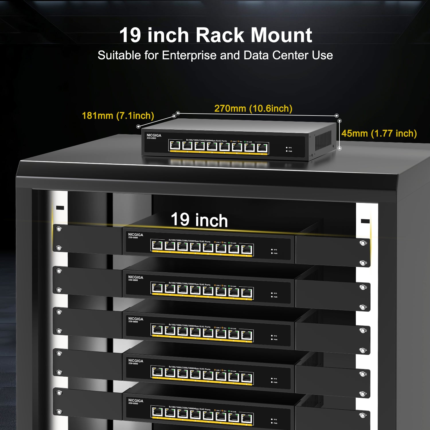 NICGIGA 8-Port 5Gb Base-T Switch | Unmanaged Multi-Gig Ethernet for NAS/WiFi 7 | Desktop & 19-inch Rack Mount