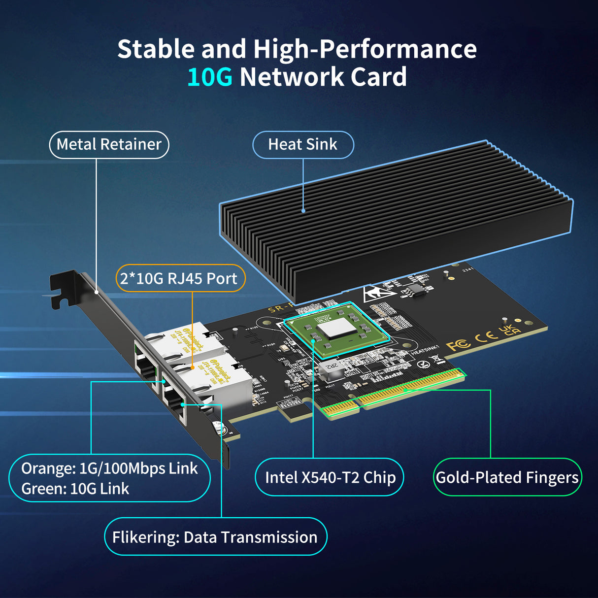 Carte réseau PCI-e double LAN Base-T 10 Go, contrôleur Intel X540, adaptateur Ethernet NICGIGA 10 Gbit/s, 2 ports RJ45 10 Gbe, carte NIC 10 G, prise en charge Windows/Windows Server/Linux/Vmware/ESX
