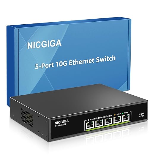 5 Port 10G Ethernet Switch Unmanaged,with 5X 10Gb Base-T RJ45 Ports, NICGIGA 10Gbps Network Switch Easy for 10G NAS,PC,WiFi7 Router,10G Adapter/NIC. Desktop or 19-inch Rack Mount, Plug and Play. - NICGIGA