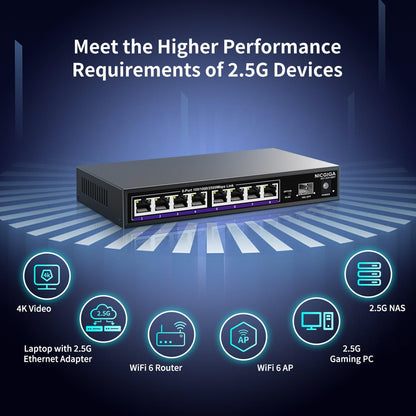NICGIGA 8 Port 2.5G Ethernet Switch + 10G SFP Uplink, Unmanaged 2.5Gb Network Switch, One-Key VLAN, Plug & Play, Desktop/Wall-Mount, Fanless Metal Design.