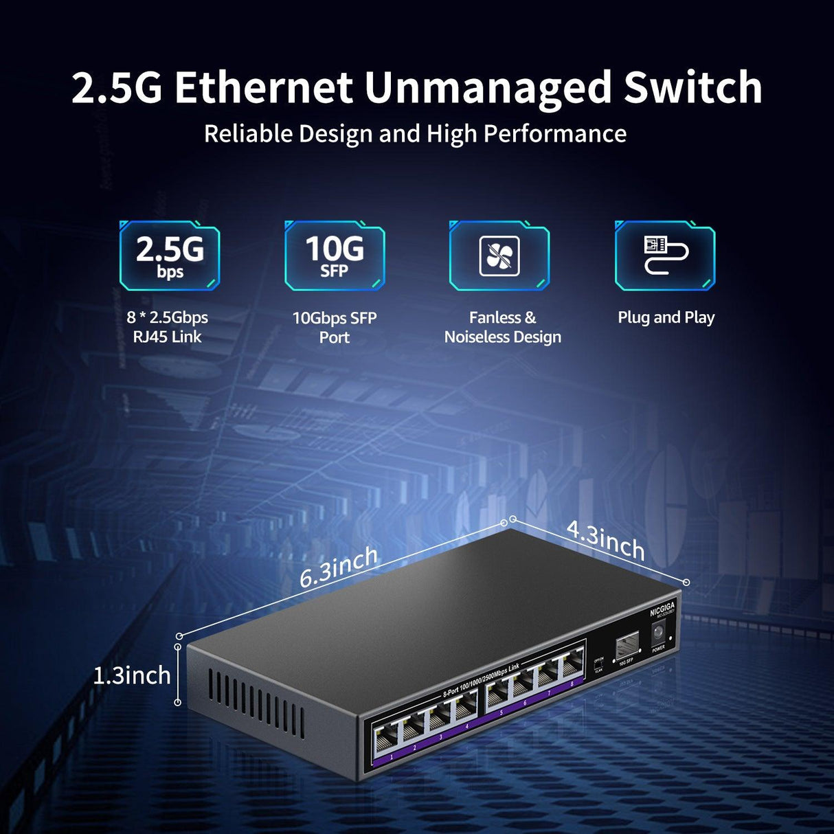 NICGIGA 8 Port 2.5G Ethernet Switch + 10G SFP Uplink, Unmanaged 2.5Gb Network Switch, One-Key VLAN, Plug & Play, Desktop/Wall-Mount, Fanless Metal Design.