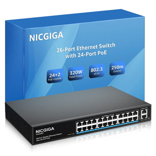 24 Port PoE Switch Unmanaged, 24 Port PoE+@300W, 2 Gigabit Uplink Ports, NICGIGA 26 Port Network Power Over Ethernet Switch, VLAN Mode, 250m Extend, 19 inch RackMount, Plug and Play.