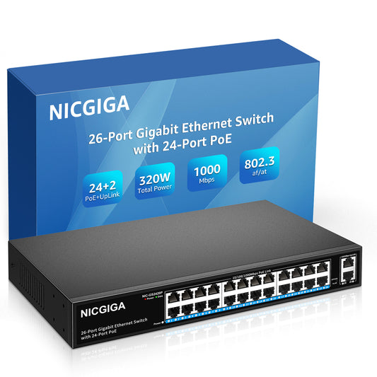 24 Port Gigabit PoE Switch Unmanaged, 24 Port PoE+@320W, 2 Gigabit Uplink Ports, NICGIGA 26 Port Gigabit Network Power Over Ethernet Switch, VLAN Mode, 19 inch RackMount, Plug and Play.