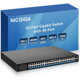 Unverwalteter 48-Port-Gigabit-PoE-Switch mit 48 Ports IEEE802.3af/at PoE+@400 W, 2 x 1G SFP, NICGIGA 50-Port-Netzwerk-Power-over-Ethernet-Switch, Desktop-/Rackmontage 
