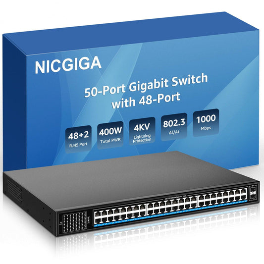 48 Port Gigabit PoE Switch Unmanaged with 48 Port IEEE802.3af/at PoE+@400W, 2 x 1G SFP, NICGIGA 50 Port Network Power Over Ethernet Switch, Desktop/Rackmount