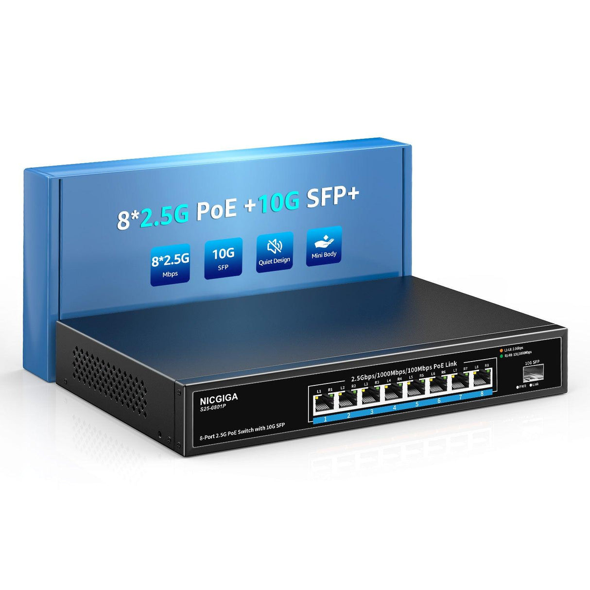 Commutateur PoE NICGIGA 8 ports 2,5 G non géré avec 8 x 2,5 Gb Base-T PoE+@120 W + liaison montante SFP 10 G, commutateur Power Over Ethernet 2,5 Gbe IEEE802.3af/at, prise en charge WiFi6 AP, NAS, caméra PoE 4K NVR. 