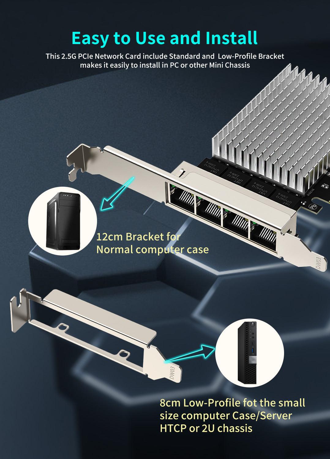 Carte réseau PCIe 4 ports 2,5 Go, adaptateur d'interface Ethernet 4 ports 2,5 Gigabit, avec Realtek RTL8125B, prise en charge NAS/PC, compatible Windows/Linux/MAC OS 2,5 G 