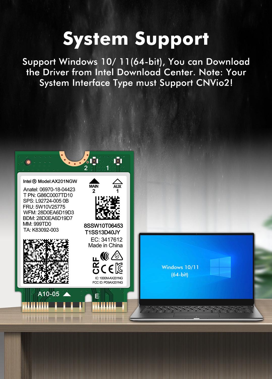 WiFi 6 Wireless Card Intel AX201 NGW. Only Support CNVio2 Protocol and Intel 10/11/12/13th Generation CPU, Bluetooth 5.2, 2400Mbps, Network Adapter for Laptop Support Windows 10/11 (64bit),Linux.