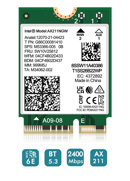 WiFi 6E Wireless Card Intel AX211 NGW M.2: CNVio2, Bluetooth 5.3, Tri-Band 5400Mbps, Network Adapter for Laptop Support Windows 10/11 (64bit), Linux, Chrome OS. Only Available with Gen Intel 12+ CPU