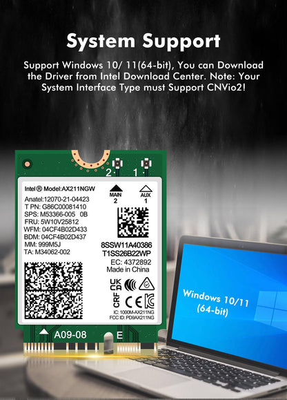 WiFi 6E Wireless Card Intel AX211 NGW M.2: CNVio2, Bluetooth 5.3, Tri-Band 5400Mbps, Network Adapter for Laptop Support Windows 10/11 (64bit), Linux, Chrome OS. Only Available with Gen Intel 12+ CPU