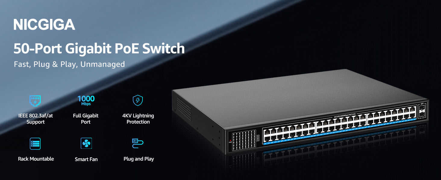 48 Port Gigabit PoE Switch Unmanaged with 48 Port IEEE802.3af/at PoE+ ...