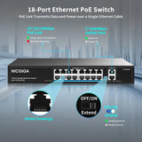 16-Port-PoE-Switch bei 250 W mit 2 Gigabit-Uplink-Ports, NICGIGA 18-Port-Ethernet-PoE-Switch, VLAN-Modus, erweiterbar auf 250 m, stabiles Metallgehäuse, 19-Zoll-Rackmontage, Plug-and-Play, nicht verwaltet 