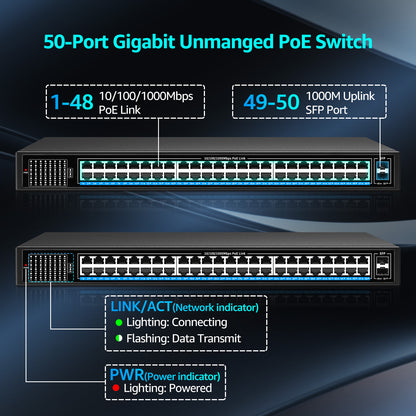 48 Port Gigabit PoE Switch Unmanaged with 48 Port IEEE802.3af/at PoE+@400W, 2 x 1G SFP, NICGIGA 50 Port Network Power Over Ethernet Switch, Desktop/Rackmount