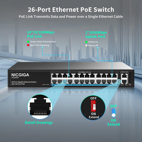 Switch PoE 24 ports non géré, 24 ports PoE+@320 W, 2 ports de liaison montante Gigabit, commutateur réseau Power Over Ethernet NICGIGA 26 ports, mode VLAN, extension de 250 m, montage en rack 19 pouces, Plug and Play. 