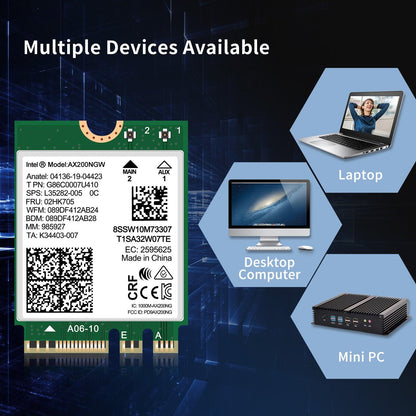 WiFi 6 Wireless Card Intel AX200 NGW, Bluetooth 5.2, 2400Mbps Network Adapter for Laptop Support Windows 10/11 (64bit) M.2/NGFF