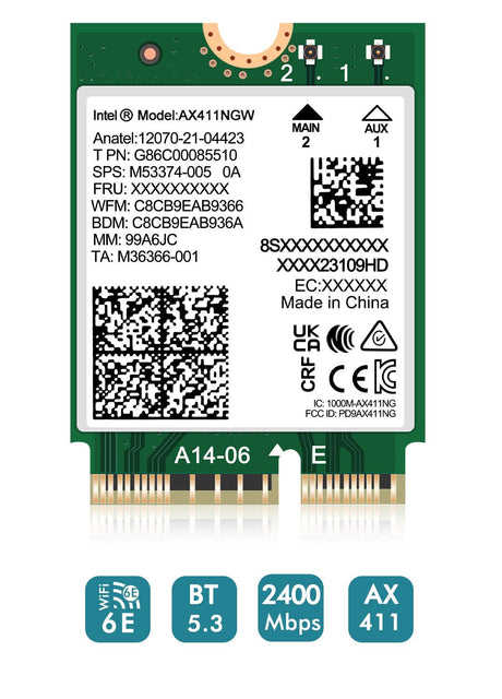 WiFi 6E Wireless Card Intel AX411 NGW. Only Support CNVio2 Protocol and Intel 12/13th Generation CPU, Bluetooth 5.3, Tri-Band 5400Mbps, Network Adapter for Laptop Support Windows 10/11 (64bit),Linux. - NICGIGA