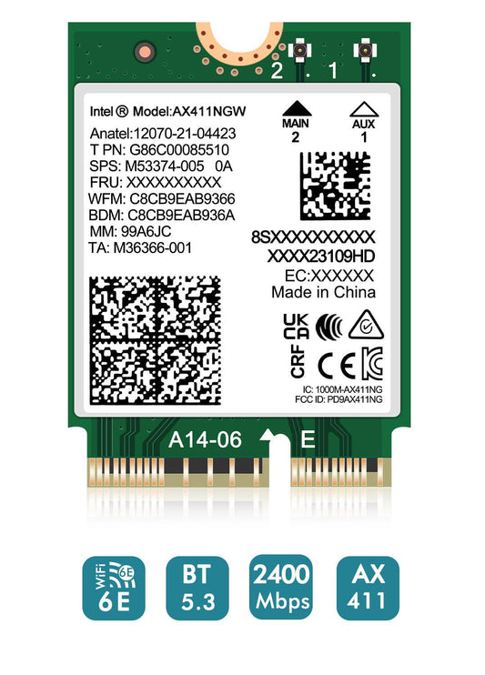 WiFi 6E Wireless Card Intel AX411 NGW M.2: CNVio2, Bluetooth 5.3, Tri-Band 5400Mbps, Network Adapter for Laptop Support Windows 10/11 (64bit),Linux. Only Available with Gen Intel 12+ CPU