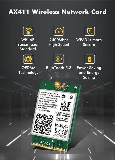 WiFi 6E Wireless Card Intel AX411 NGW. Only Support CNVio2 Protocol and Intel 12/13th Generation CPU, Bluetooth 5.3, Tri-Band 5400Mbps, Network Adapter for Laptop Support Windows 10/11 (64bit),Linux. - NICGIGA