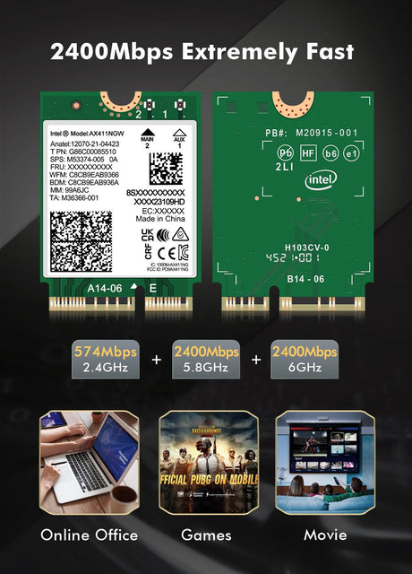 WiFi 6E Wireless Card Intel AX411 NGW. Only Support CNVio2 Protocol and Intel 12/13th Generation CPU, Bluetooth 5.3, Tri-Band 5400Mbps, Network Adapter for Laptop Support Windows 10/11 (64bit),Linux. - NICGIGA