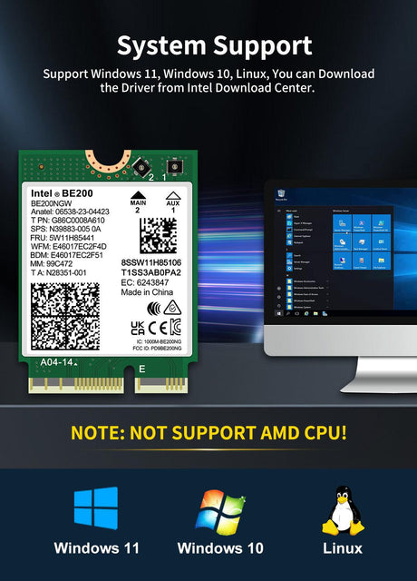 NICGIGA WiFi 7 Wireless Card Intel BE200 NGW, Bluetooth 5.4, 5800Mbps M.2/NGFF Network Support Windows 10/11 (64bit), Linux, Not Support AMD. Ideal for WiFi7/WiFi6E/WiFi6/WiFi5 Router and Wireless AP - NICGIGA