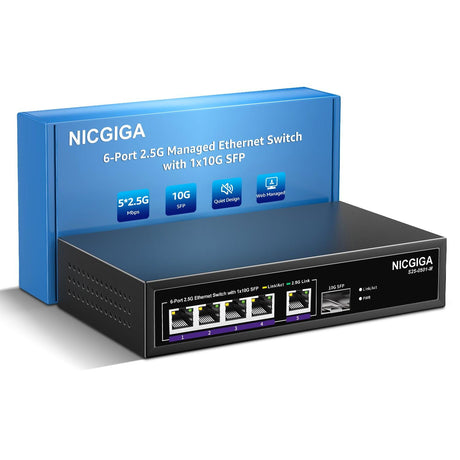 6 Port 2.5G Web Smart Managed Ethernet Switch, 5x2.5Gbps Base-T&1x 10Gbps SFP Uplink, QoS/VLAN/IGMP/LAG Network Function, Ideal for 2.5Gb Network NAS/PC,WiFi6 Router,Wireless AP. - NICGIGA