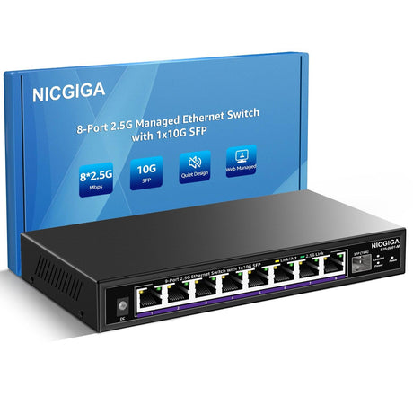 8 Port 2.5G Web Smart Managed Ethernet Switch with 10Gbps SFP Uplink,Compatible with 100/1000/2500Mbps Network, 2.5Gbps Management Switch Easy for 2.5Gb NAS,PC,WiFi6 Router,Wireless AP. - NICGIGA