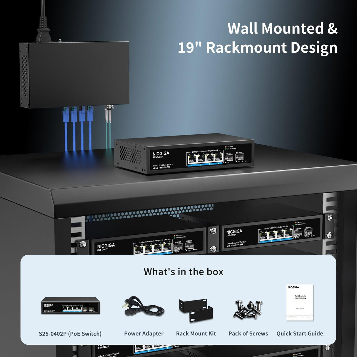 NICGIGA 4 Port 2.5G PoE Switch Unmanaged with 4 x 2.5Gb Base-T PoE+@78W + 2 x 10G SFP Uplink, 2.5Gbe IEEE802.3af/at Power Over Ethernet Switch, Support WiFi6 AP, NAS, 4K PoE Camera NVR. - NICGIGA