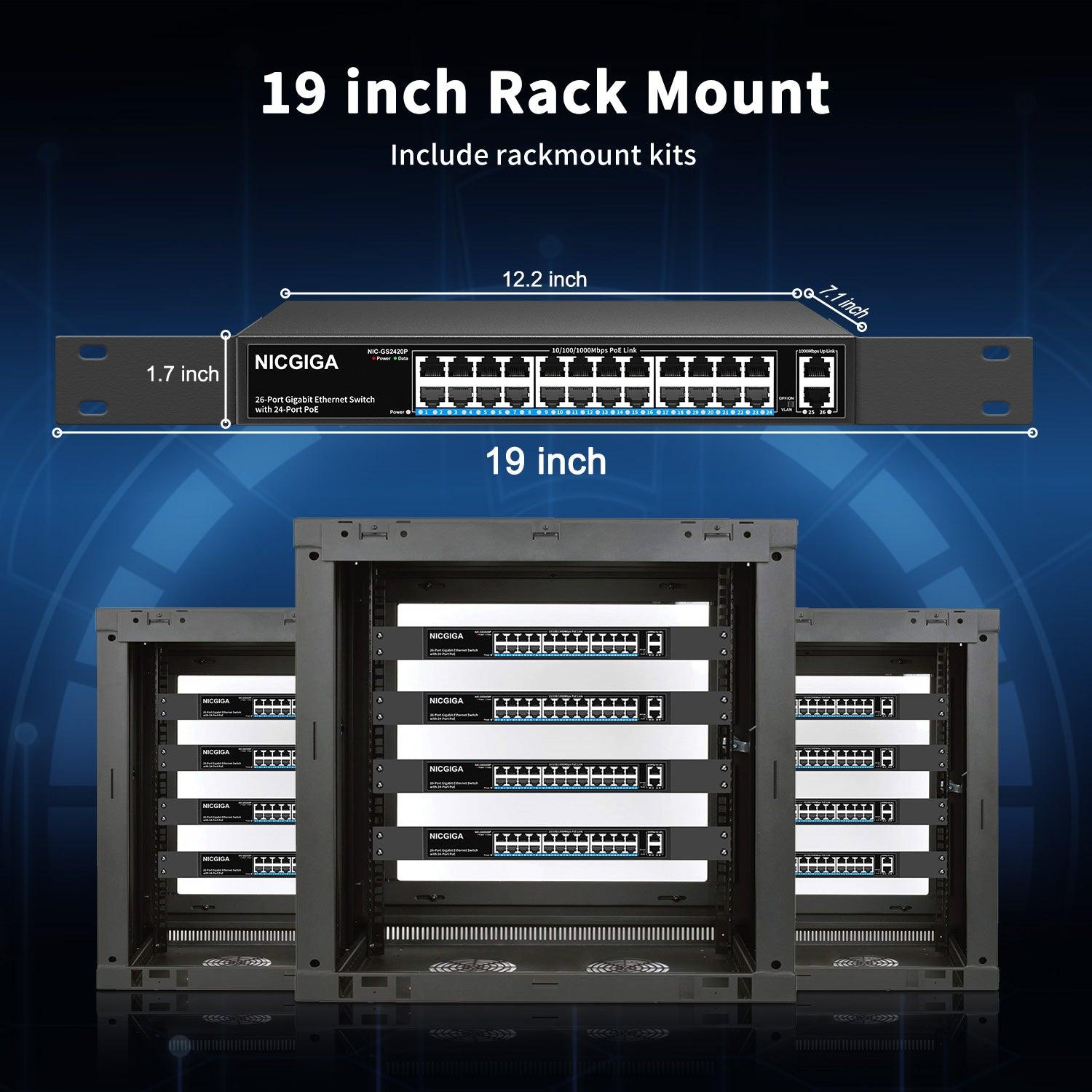 24 Port Gigabit PoE Switch Unmanaged, 24 Port PoE+@320W, 2 Gigabit Uplink  Ports, NICGIGA 26 Port Gigabit Network Power Over Ethernet Switch, VLAN