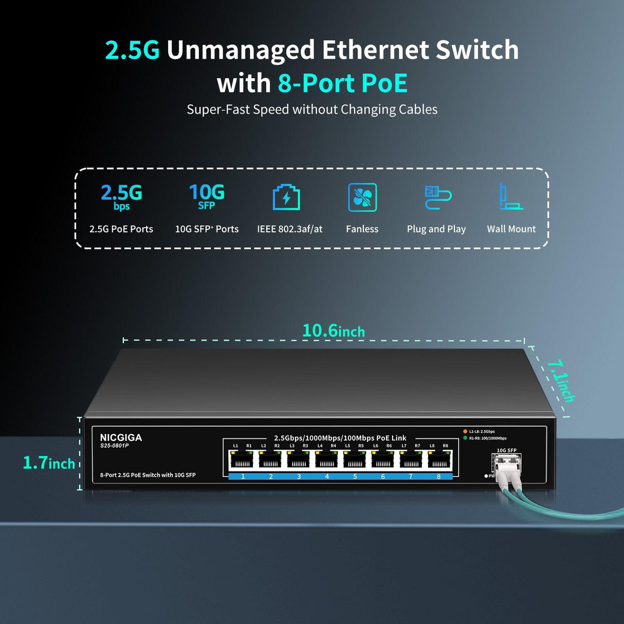 NICGIGA 8 Port 2.5G PoE Switch Unmanaged with 8 x 2.5Gb Base-T PoE+@120W + 10G SFP Uplink, 2.5Gbe IEEE802.3af/at Power Over Ethernet Switch, Support WiFi6 AP, NAS, 4K PoE Camera NVR. - NICGIGA