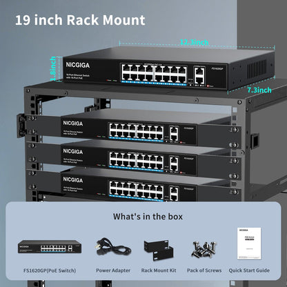 16 Port PoE Switch@250W with 2 Gigabit Uplink Port, NICGIGA 18 Port Ethernet PoE Switch, VLAN Mode, Extend to 250m, Sturdy Metal Case, 19 inch RackMount, Plug and Play, Unmanaged