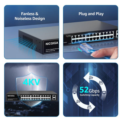 24 Port Gigabit PoE Switch Unmanaged, 24 Port PoE+@320W, 2 Gigabit Uplink Ports, NICGIGA 26 Port Gigabit Network Power Over Ethernet Switch, VLAN Mode, 19 inch RackMount, Plug and Play.