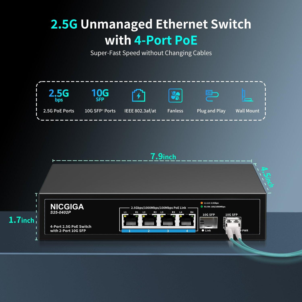 NICGIGA Commutateur PoE 4 ports 2,5 G non géré avec 4 x 2,5 Gb Base-T PoE+@78 W + 2 x liaison montante SFP 10 G, 2,5 Gbe IEEE802.3af/at Power Over Ethernet Switch, prise en charge WiFi6 AP, NAS, caméra PoE 4K NVR. 