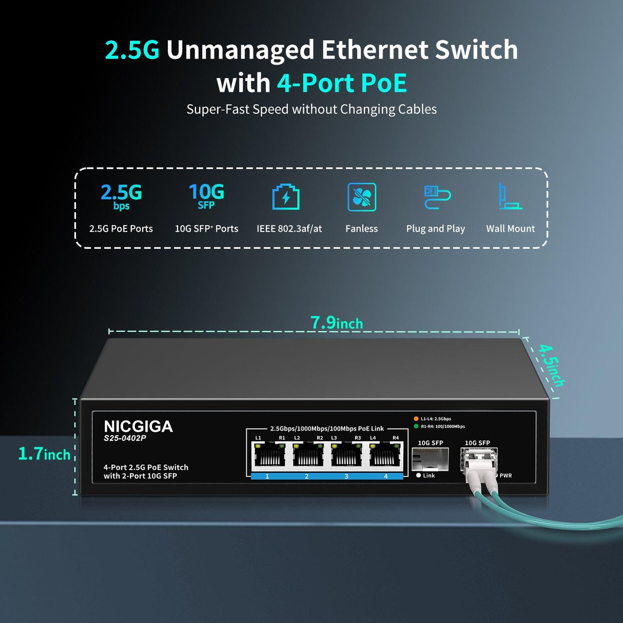 NICGIGA 4 Port 2.5G PoE Switch Unmanaged with 4 x 2.5Gb Base-T PoE+@78W + 2 x 10G SFP Uplink, 2.5Gbe IEEE802.3af/at Power Over Ethernet Switch, Support WiFi6 AP, NAS, 4K PoE Camera NVR. - NICGIGA