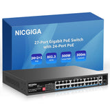 NICGIGA 24 Port Gigabit PoE Switch with 24 Port PoE+@300W, 2 Gigabit Uplink Port, 1 SFP, Sturdy Metal for Desktop/Rack Mount, AI Watchdog, VLAN Mode, Plug and Play, Unmanaged Power Over Ethernet