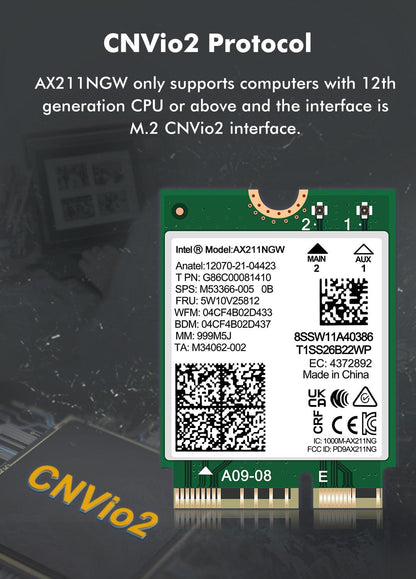 WiFi 6E Wireless Card Intel AX211 NGW M.2: CNVio2, Bluetooth 5.3, Tri-Band 5400Mbps, Network Adapter for Laptop Support Windows 10/11 (64bit), Linux, Chrome OS. Only Available with Gen Intel 12+ CPU
