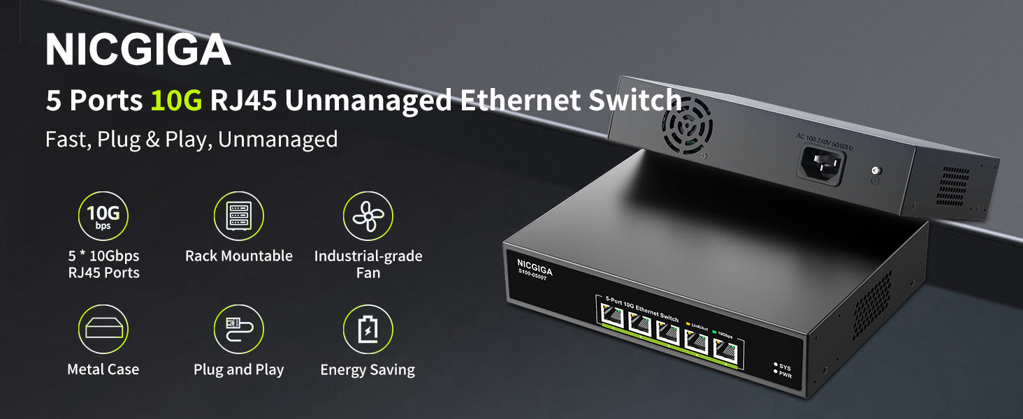 5 Port 10G Ethernet Switch Unmanaged,with 5X 10Gb Base-T RJ45 Ports, N ...