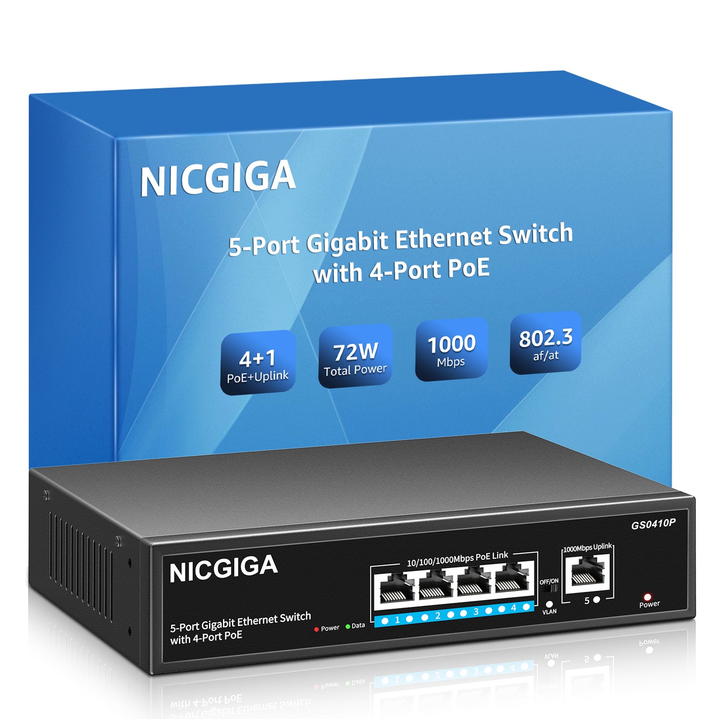 4 Port Gigabit PoE Switch Unmanaged with 4 Port IEEE802.3af/at PoE+@120W, 1 x 1000Mbps Uplink, NICGIGA 5 Port Network Power Over Ethernet Switch, VLAN Mode, Desktop/Wall-Mount.
