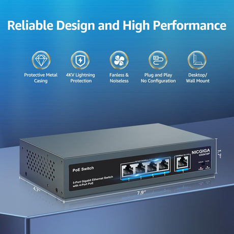 NICGIGA 4-Port-Gigabit-PoE-Switch, nicht verwaltet, mit 4 Ports IEEE802.3af/at PoE+ bei 78 W, 1 x 1000 Mbit/s Uplink, 5-Port-Netzwerk-Power-over-Ethernet-Switch, VLAN-Modus, Desktop-/Wandmontage. 
