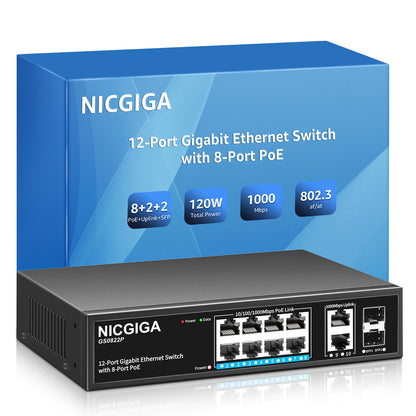 8 Port Gigabit PoE Switch Unmanaged with 8 Port IEEE802.3af/at PoE+@120W, 2 x 1000Mbps Uplink + 2 x 1G SFP, NICGIGA 12 Port Network Power Over Ethernet Switch, Desktop/Wall-Mount.