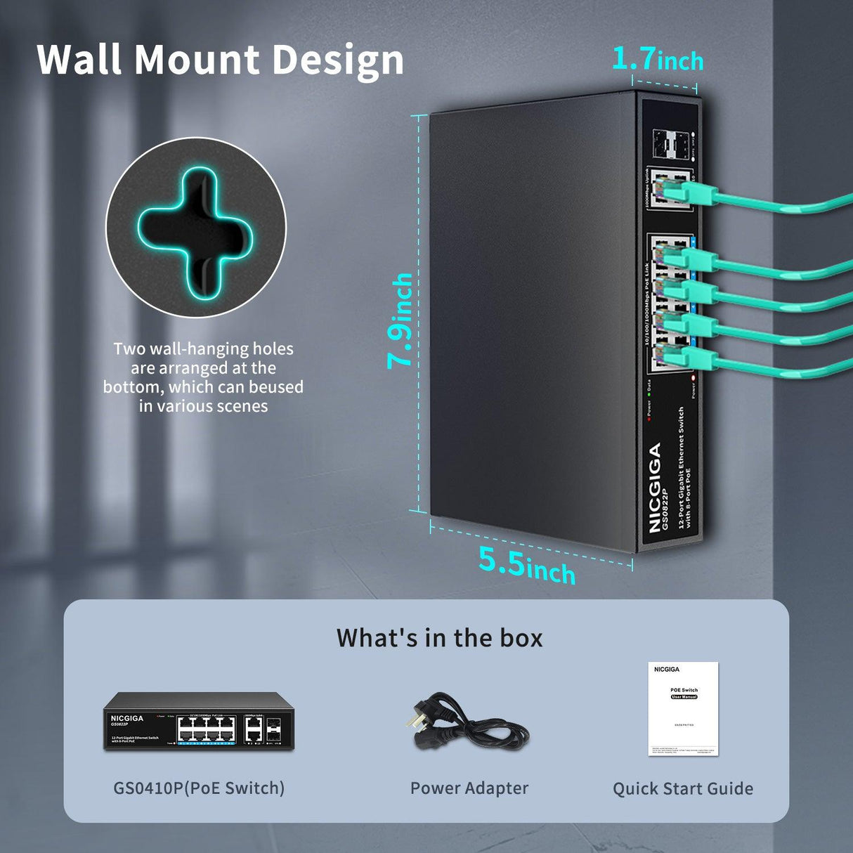 8 Port Gigabit PoE Switch Unmanaged with 8 Port IEEE802.3af/at PoE+@120W, 2 x 1000Mbps Uplink + 2 x 1G SFP, 12 Port Network Power Over Ethernet Switch, Desktop/Wall-Mount. - NICGIGA