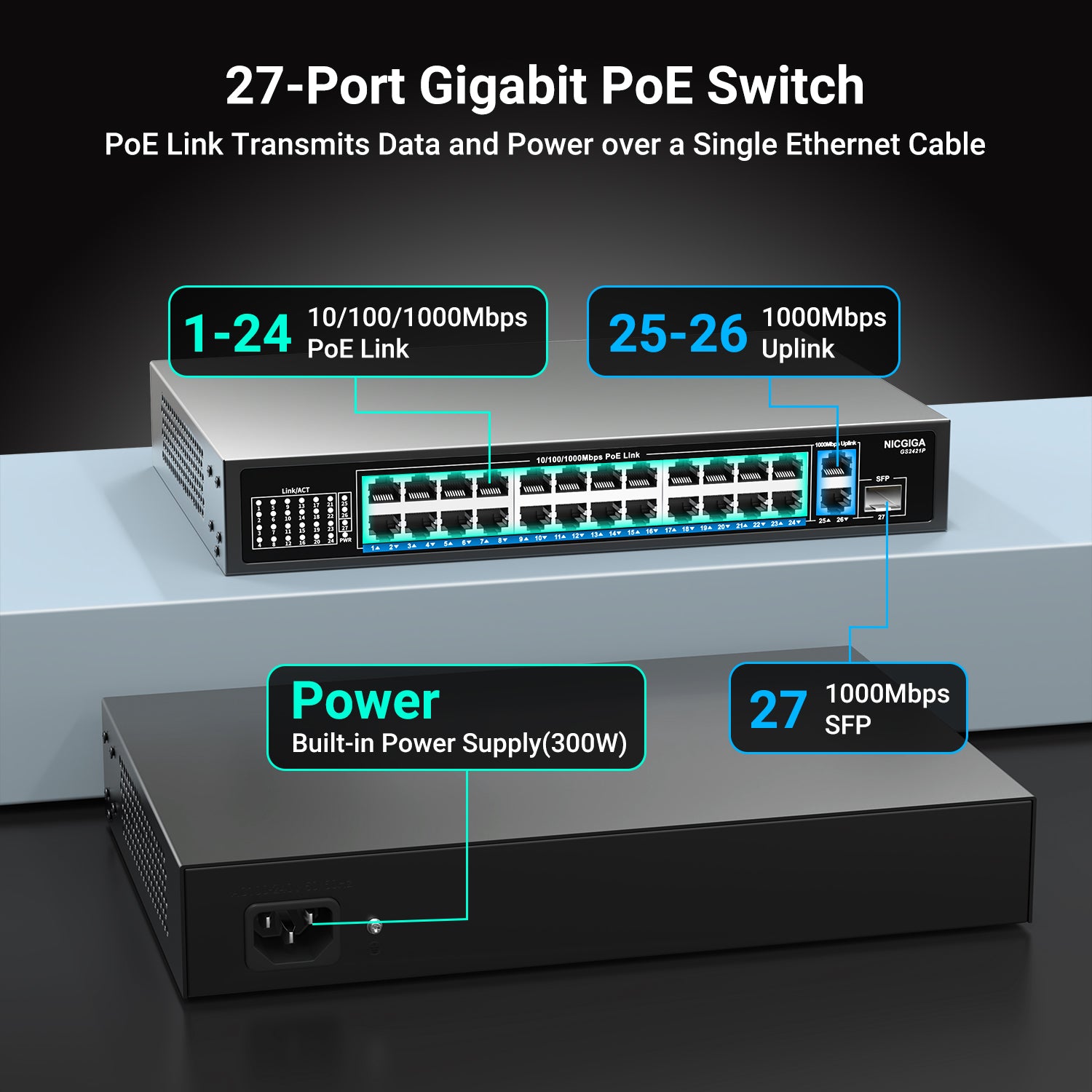 nic♥ NICGIGA 24 Port Gigabit PoE Switch with 24 Port PoE+@300W, 2 Gigabit U