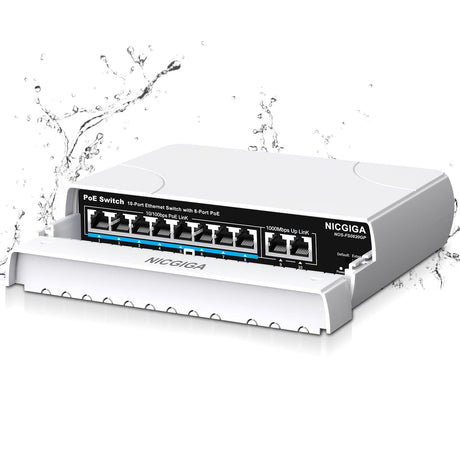 Outdoor Waterproof 8-Port PoE Switch with 8 Port PoE+@120W + Gigabit Uplink Port, 10 Port IEEE802.3af/at Power Over Ethernet Switch Unmanaged with VLAN and 250m Extender Function, Plug & Play - NICGIGA
