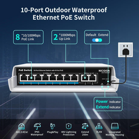Switch PoE extérieur étanche à 8 ports avec 8 ports PoE+@120 W + port de liaison montante Gigabit, 10 ports IEEE802.3af/at Power Over Ethernet Switch non géré avec VLAN et fonction d'extension 250 m, Plug &amp; Play 