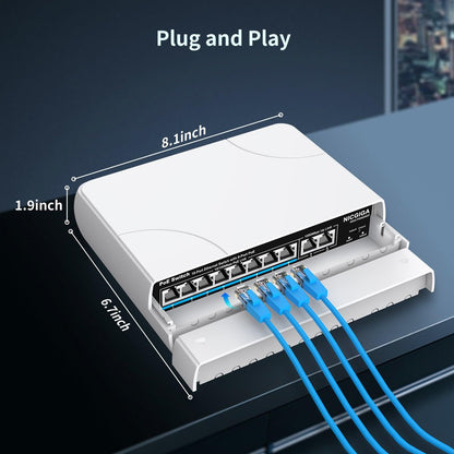 Outdoor Waterproof 8-Port PoE Switch with 8 Port PoE+@120W + Gigabit Uplink Port, NICGIGA 10 Port IEEE802.3af/at Power Over Ethernet Switch Unmanaged with VLAN and 250m Extender Function, Plug & Play