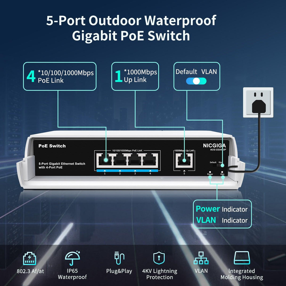 Outdoor Waterproof 4-Port Gigabit PoE Switch with 4 Port PoE+@78W + 1000Mbps Uplink Port, 5 Port IEEE802.3af/at Power Over Ethernet Switch Unmanaged with VLAN Function, Plug & Play - NICGIGA