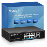 Commutateur PoE Gigabit NICGIGA 8 ports, 8 ports PoE+@120W, 2 ports de liaison montante, 802.3af/at, mode VLAN, sans ventilateur. Commutateur réseau Power Over Ethernet non géré 