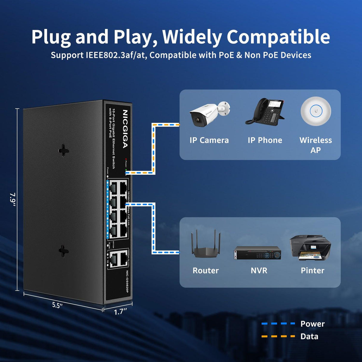 NICGIGA 8 Port Gigabit PoE Switch, 8 Ports PoE+@120W, 2 Uplink Port, 802.3af/at, VLAN Mode, Fanless. Unmanaged Power Over Ethernet Network Switch